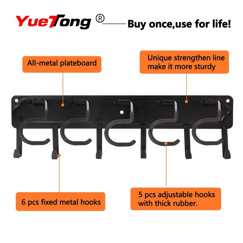 YueTong 68" All Metal Garden Tool Organizer,Adjustable Garage Wall Organizers and Storage,Heavy Duty Wall Mount Holder with Hooks for Broom,Rake,Mop,Shovel(4 Pack) - Image 3